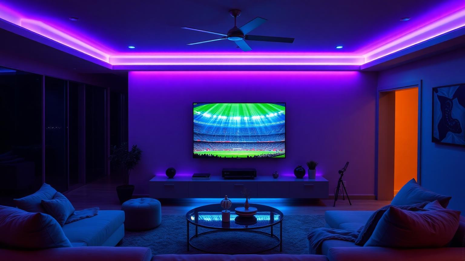 Smart TV 4K premium dans un salon moderne au Maroc diffusant un match de football en direct avec FluxTV IPTV en éclairage néon bleu et violet