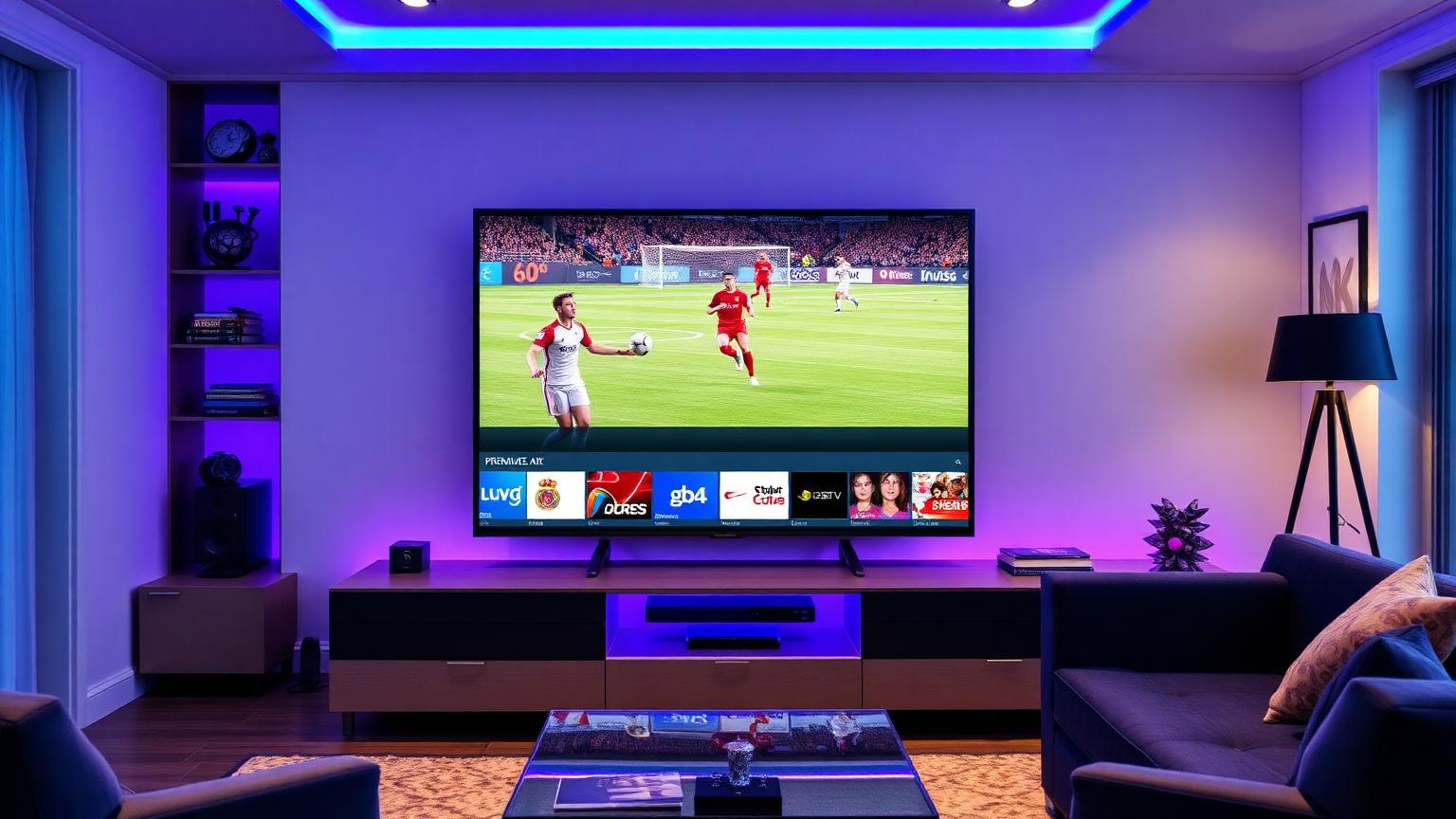 Premium 4K Smart TV im modernen Wohnzimmer streamt Bundesliga mit FluxTV IPTV Deutschland in blauem und violettem Neonlicht