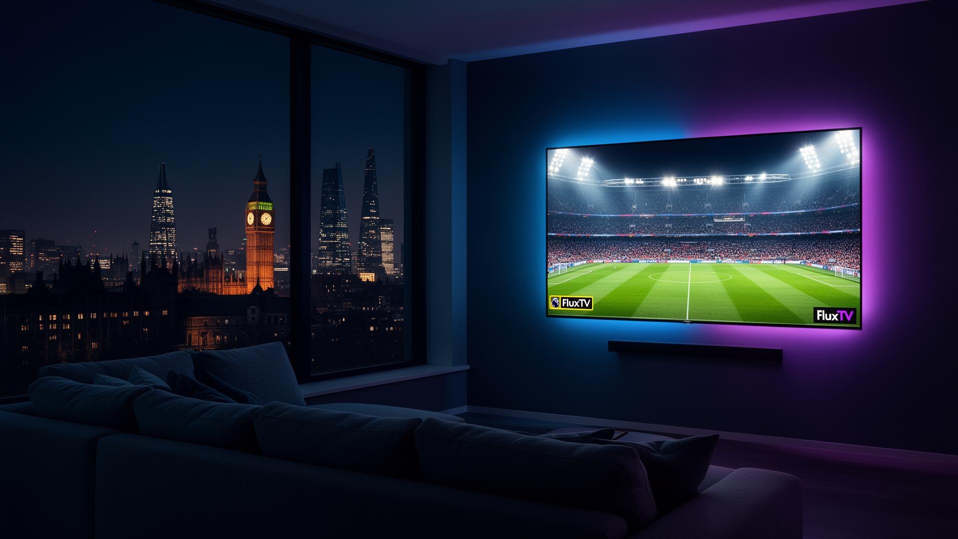 Premium 4K Smart TV streaming Premier League football with FluxTV IPTV UK in a neon blue living room