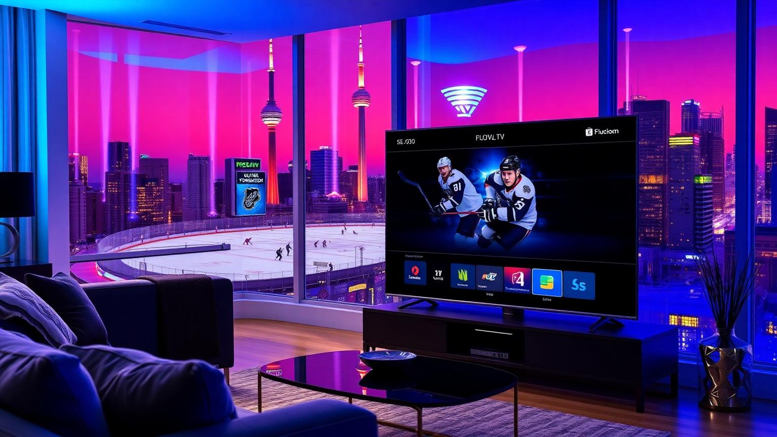 Premium 4K Smart TV streaming NHL hockey live with FluxTV IPTV Canada in a modern Toronto living room with neon blue and purple lighting